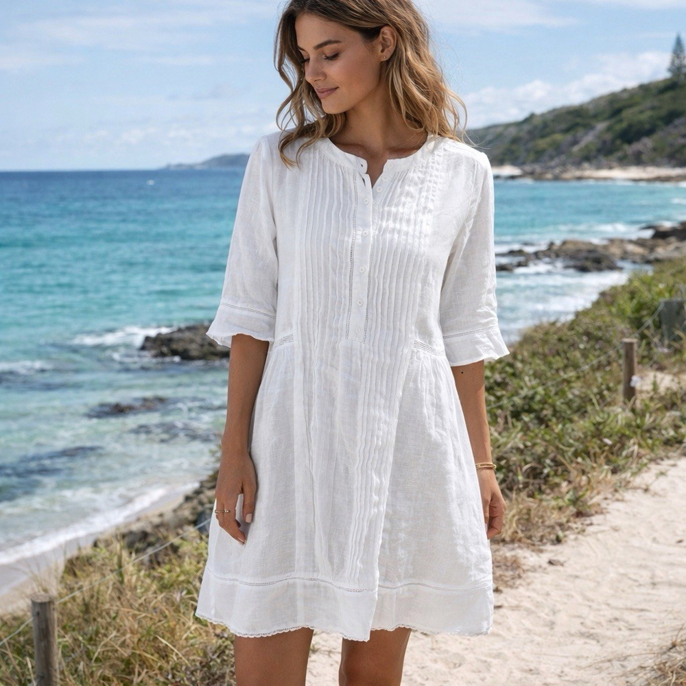 120% Lino White Linen Pintuck Dress US 12 EU 44 Coastal Boho Knee Length 3/4 Slv